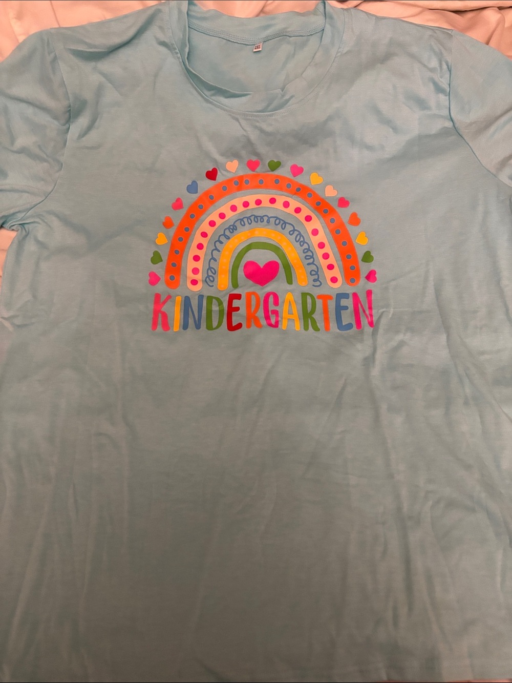 Light Blue women Tee with Colorful Rainbow & 'Kindergarten' Print